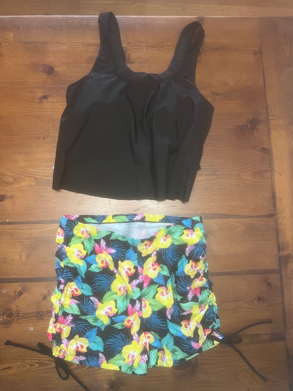 Women's Black Tankini Top with Tropical Floral Swim Shorts